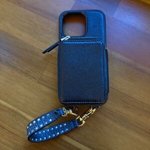 Stylish Black iPhone 16 Case with Bandolier wristlet